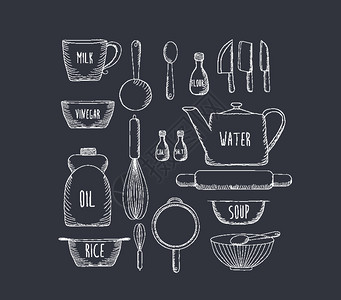 食品烘烤和设备草图示标集图片