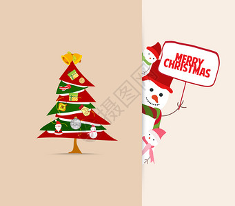 带树装饰和雪人圣诞贺卡背景图片