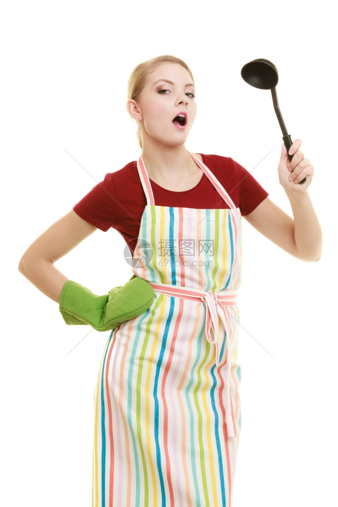 带条纹厨房围裙的家主妇或厨师图片