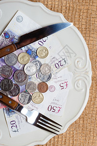 费用开支标准生活费用食品价格和用财富概念餐桌上的英国钱盘硬币和钞票背景