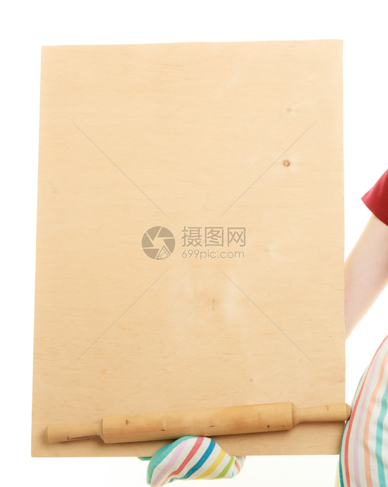 餐饮菜单食谱上空标牌的厨房停机坪主妇或小商业女孩拿着木板有复制文本的空间图片