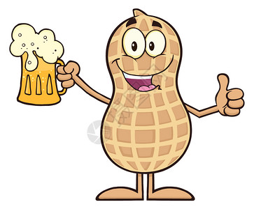 啤酒加工持啤酒和拇指举起卡通花生人物形象插画