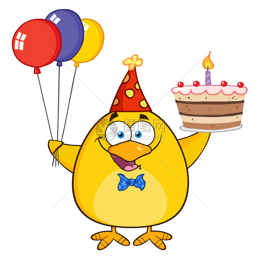 可爱的黄色小鸡举起多彩气球和生日蛋糕图片