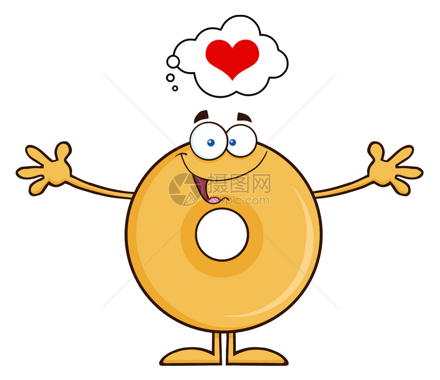 有趣的甜圈卡通字符思考爱情和想要抱图片