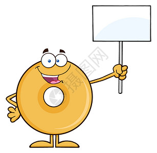 快乐的甜圈卡通字符保持一个空白信号图片