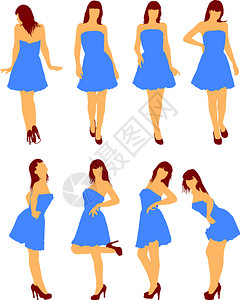 米色连衣裙摆着各种姿势女孩卡通矢量插图插画