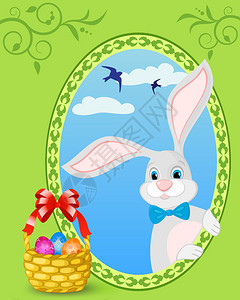 复活节兔子和满彩蛋的篮子图片