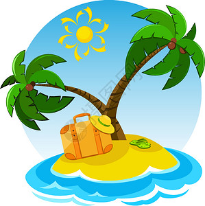 装有手提箱和棕榈树的卡通岛图片