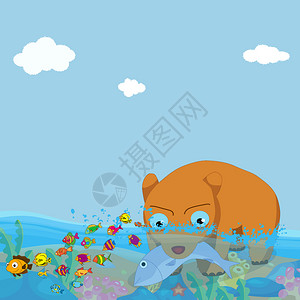 海鳗鱼熊在海中捕鱼插画