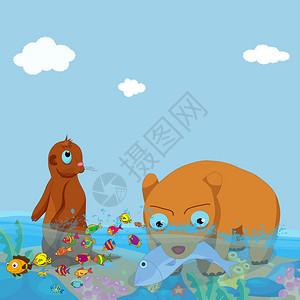海鳗鱼在海中捕鱼的熊和水獭插画