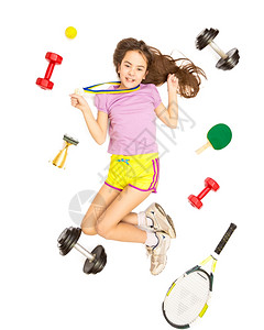玩网球女孩快乐女孩带着金奖牌装上体育备的概念照片背景