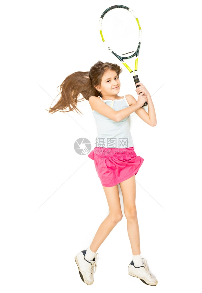 从高处看女孩躺在地板上假装打网球图片