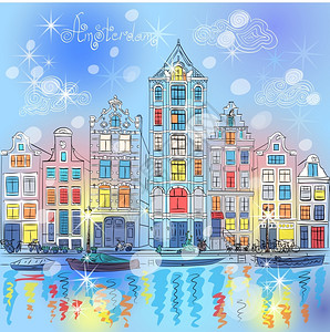 荷兰阿姆斯特丹运河的圣诞城市景象典型的荷兰码头房屋和船只插画