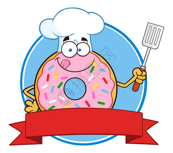 厨师面带有环标签的大厨甜圈卡通字符插画
