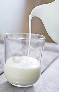 纯牛奶倒入透明玻璃杯图片