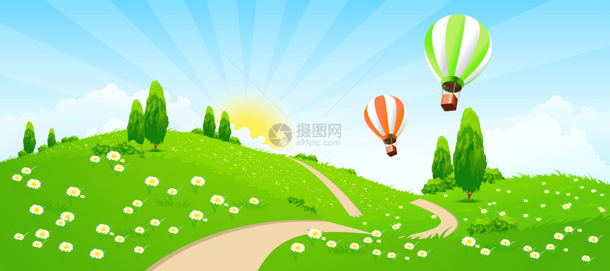 绿色景观道路鲜花树木和热气球图片