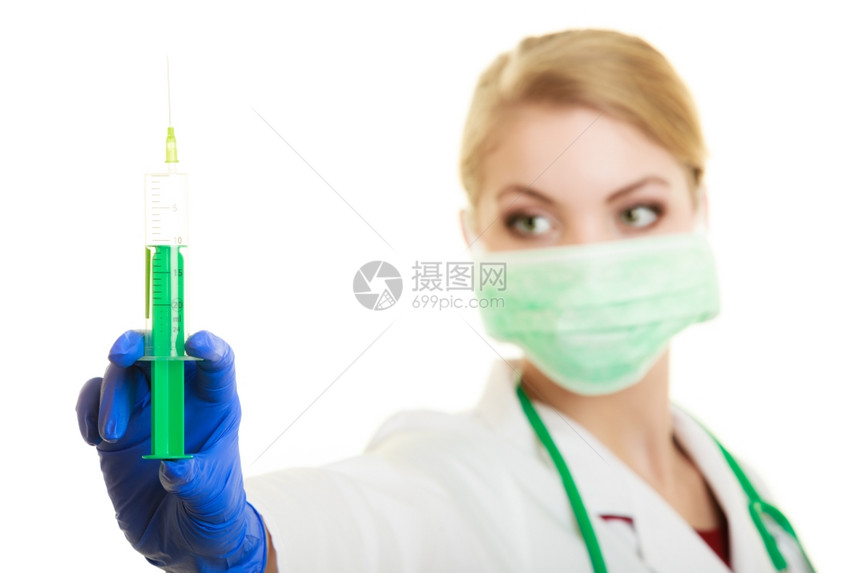 妇女面部外科手术具和白大衣医生或护士与注射器隔离医疗保险人员图片