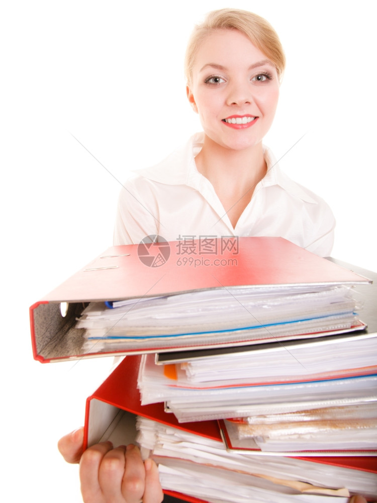 年轻的微笑着女商人拿一堆文件夹忙着在办公室工作图片