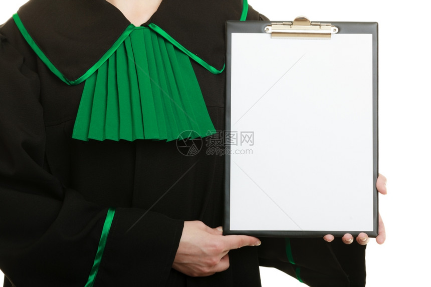 法律庭或司概念女律师穿着经典黑色绿礼服空白剪贴板签名复制文本空间的封闭式女律师图片