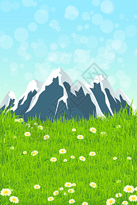 蓝天下的草地和雪山景观图片