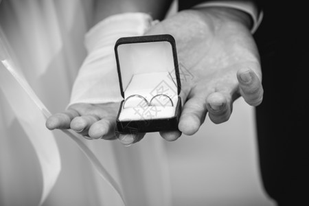 新娘和郎用结婚戒指拿着箱子的单色一图片