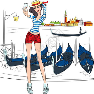 青年美女手拿铅笔站在画架旁可爱的时装女孩做自拍她穿着帽子和条纹衬衫像Gondiverier在威尼斯的背景插画