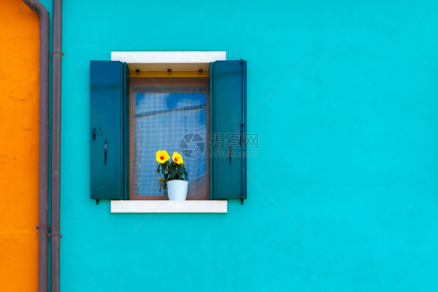 在著名的意大利威尼斯岛布拉诺的蓝色和橙房屋墙上装有百叶窗和鲜花的玻璃图片