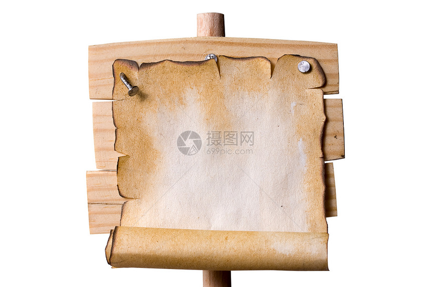 Wooden指针钉在它上面用子在旧的土纸上空文字间图片