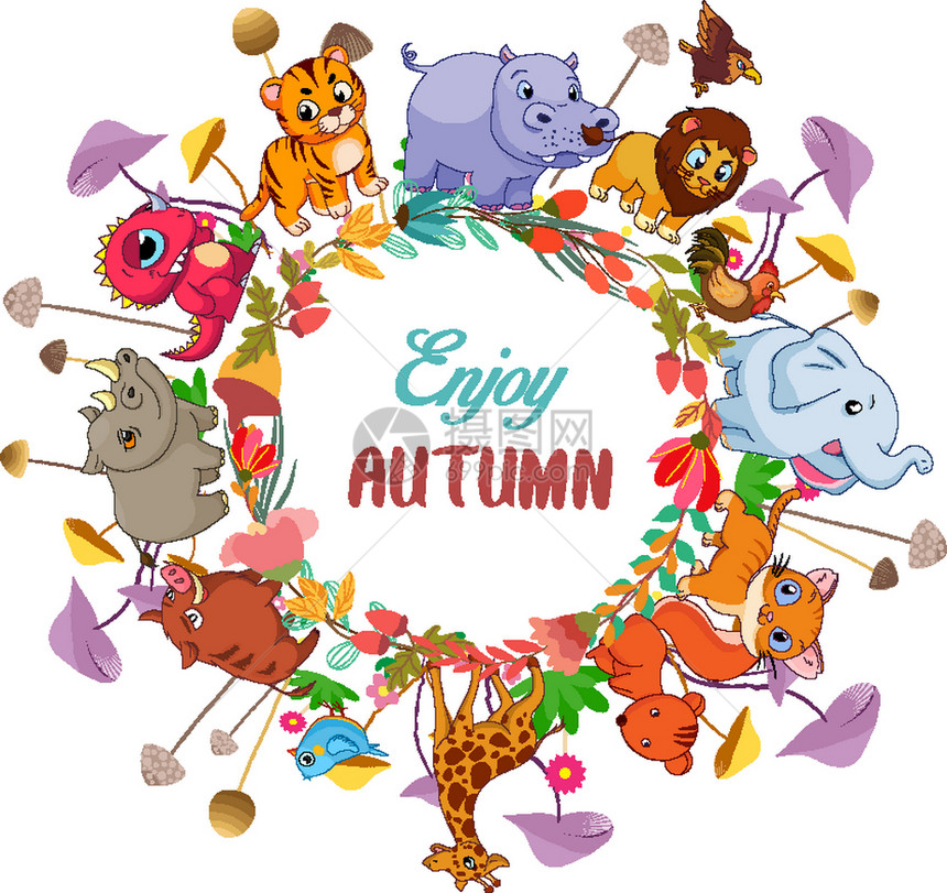 卡通可爱秋天动物元素环形背景图片