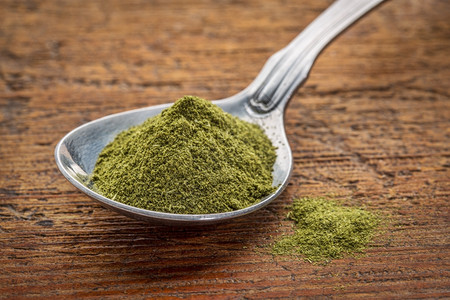 绿色冷冻的有机小麦草粉在桌边补充生木的营养粉图片