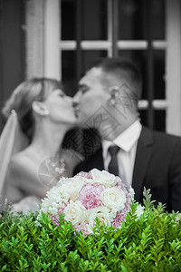浪漫的年轻夫妇亲吻图片