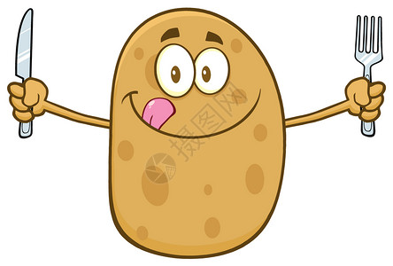 炸薯条土豆手刀和叉的饥饿土豆卡通字符插画