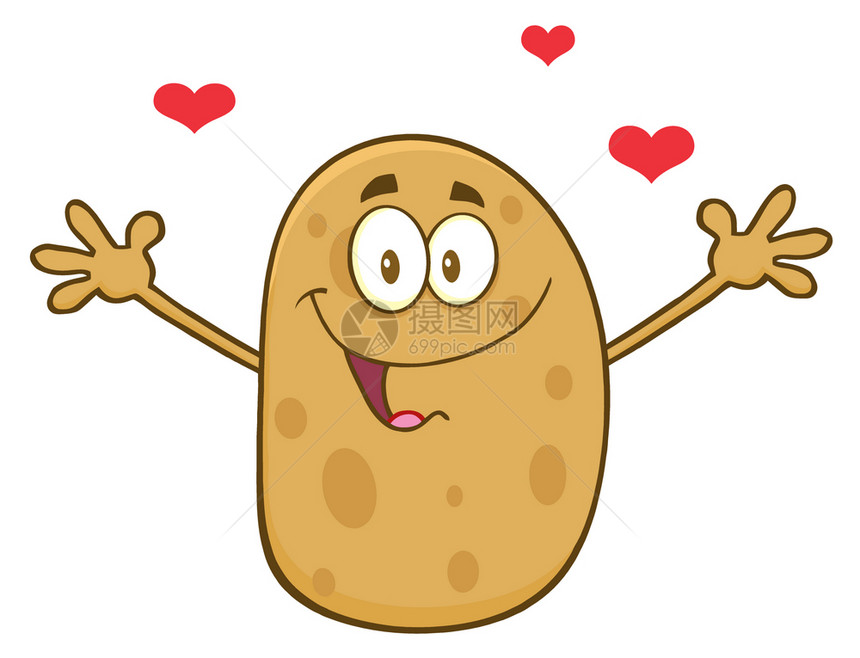 红心的土豆卡通字符和为抱而打开手臂图片