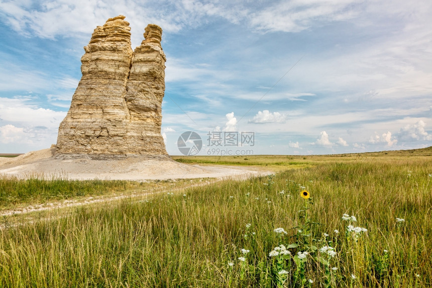 城堡岩石堪萨斯西部州靠近Quinter戈夫州的草原上石灰界标志有野花夏季风景图片