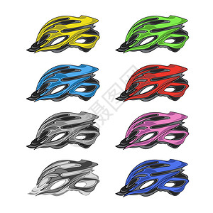 卡通自行车白色背景上孤立的一组有色自行车盔一组有色自行车盔背景