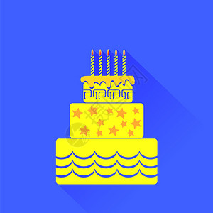 食谱图标矢量黄色生日蛋糕图标孤立于蓝色背景矢量黄生日蛋糕图标背景