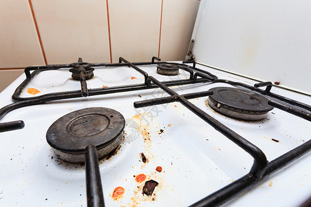 家务卫生和清洁概念家里的污泥厨房肮脏煤气炉背景图片