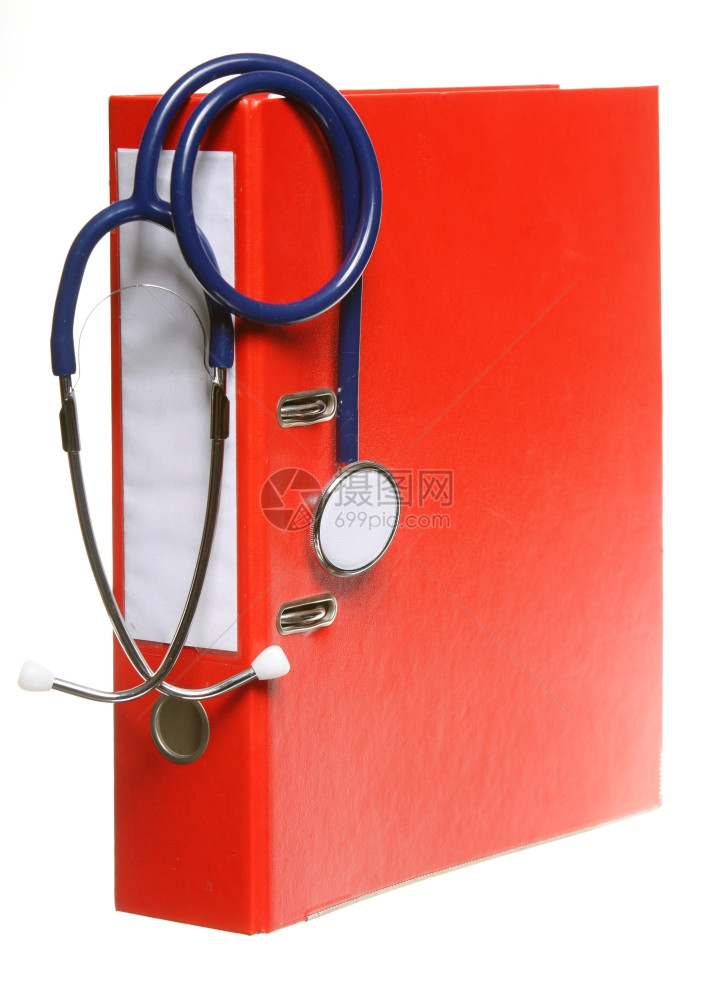 保健蓝色听诊器和白孤立的红文件夹图片