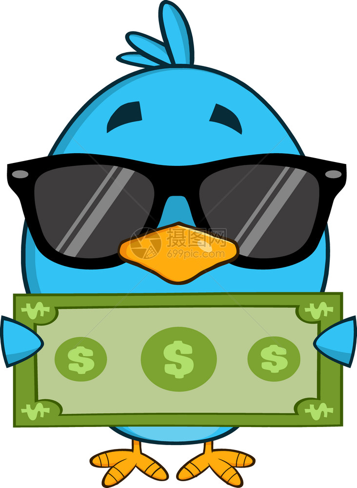 蓝色可爱鸟有太阳眼镜显示美元钞票图片