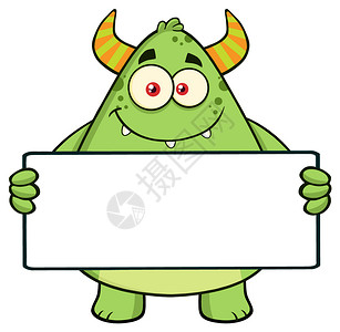 绿色怪物便签持有空标牌的角绿怪物插画