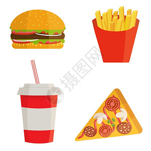 奶酪轮快餐可乐汉堡包和薯条插画