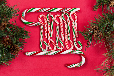 红背景上边有绿树枝的聚粉甘蔗圣诞概念图片