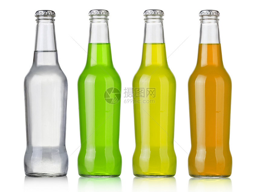 四瓶不同种类的苏打水瓶非酒精饮料图片