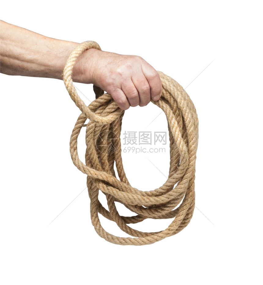 男人和手与剪切路径的绳索图片