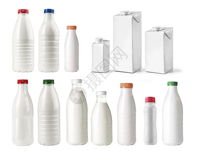 白色背景孤立的牛奶瓶集图片
