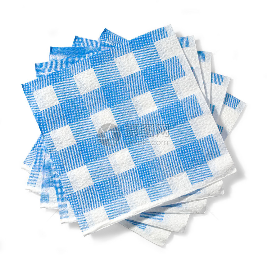 白色背景的隔离蓝笼子中白餐巾的堆叠纸带有剪切路径图片