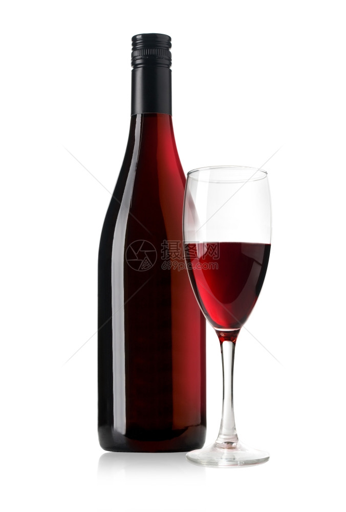白色背景的红酒瓶和玻璃杯图片