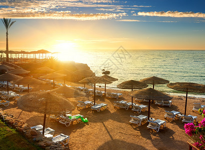 日落时带阳伞的红海滨图片