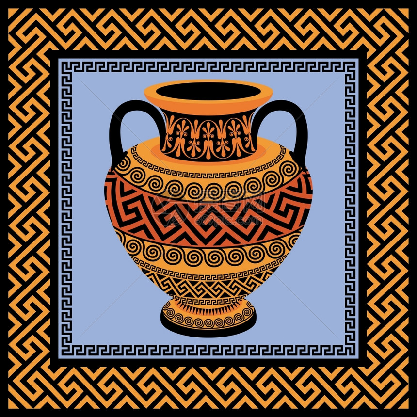 带有希腊装饰的Meander带有传统古金方形希腊装饰的Meander和带有金黑模式的Amphora的矢量框图片