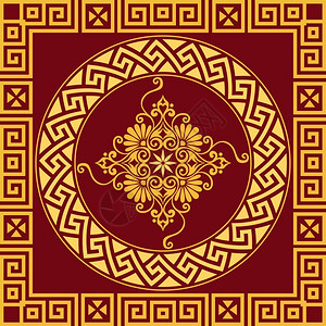 金色圆环传统古金圆环希腊装饰Meander和红色背景的花粉模式插画